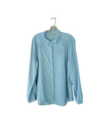 My Danielle Blue Star Accent Linen Blend Button Down Shirt XL
